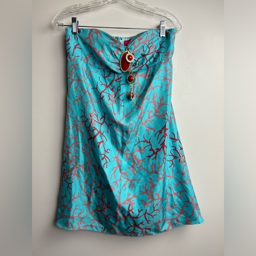 Lilly Pulitzer Turquoise Coral Print Strapless Dress With Red Accent